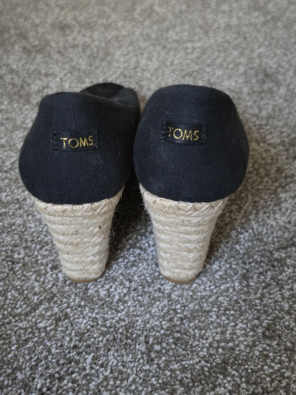 Toms Black Canvas Peep-Toe Espadrille Wedges